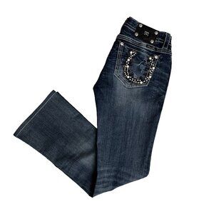 Miss Me Jeans "Horseshoe Pearls" Mid-Rise Boot 28x30 denim sparkle blue jeans